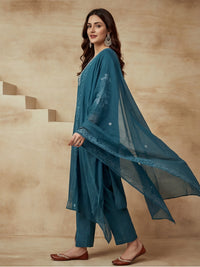 Embroidered Cotton Blend V-Neck Kurta & Trousers With Dupatta