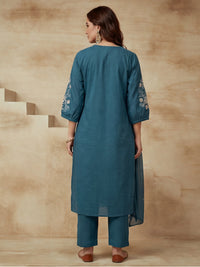 Embroidered Cotton Blend V-Neck Kurta & Trousers With Dupatta