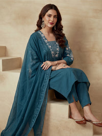 Embroidered Cotton Blend V-Neck Kurta & Trousers With Dupatta