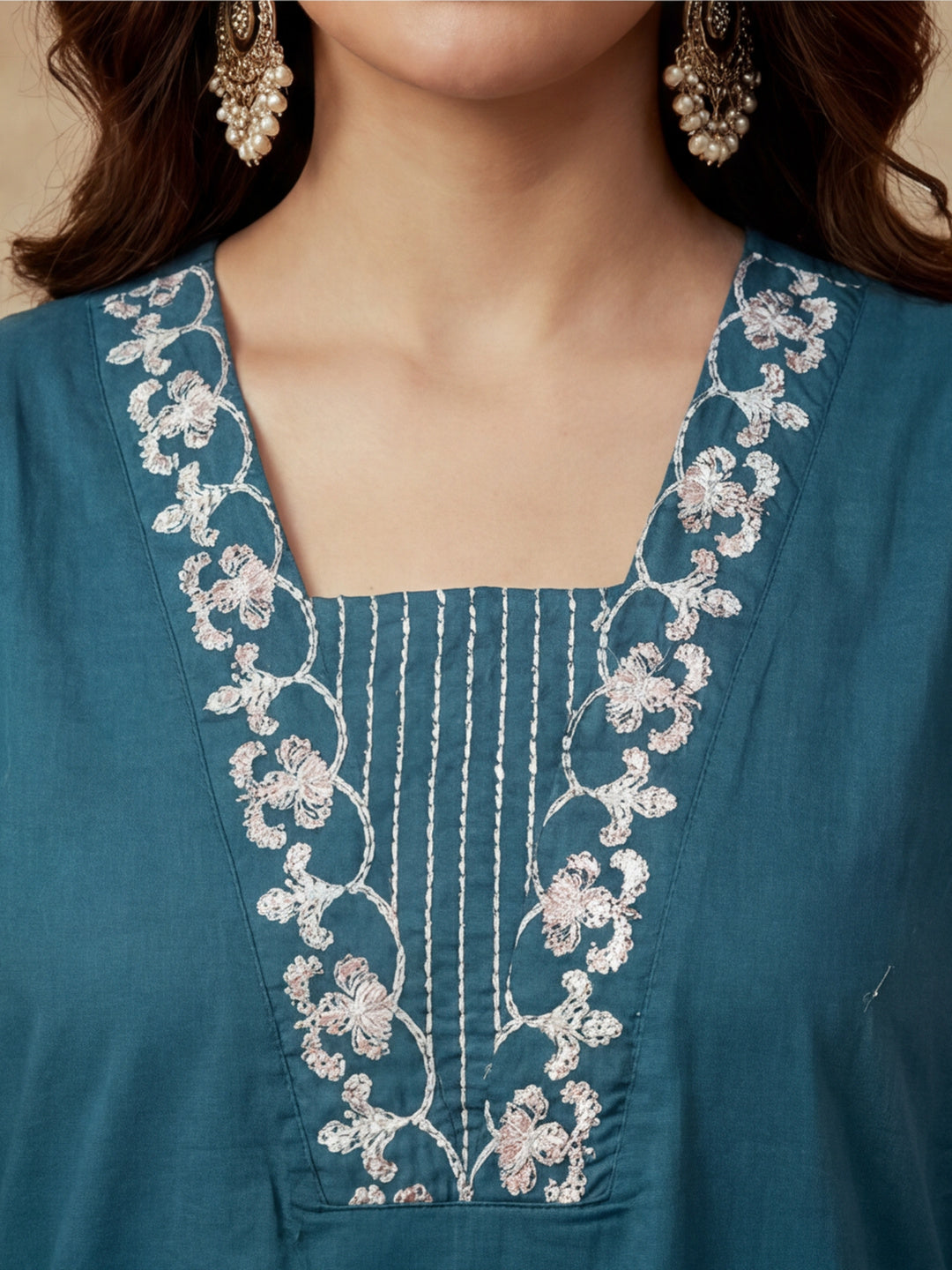 Embroidered Cotton Blend V-Neck Kurta & Trousers With Dupatta