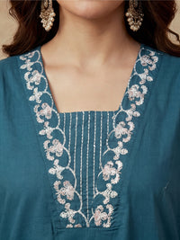 Embroidered Cotton Blend V-Neck Kurta & Trousers With Dupatta
