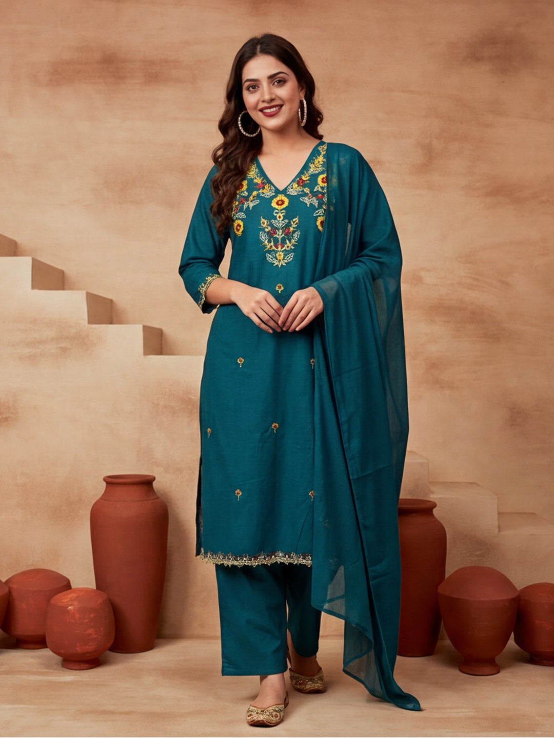 Embroidered V-Neck Kurta & Trousers With Dupatta