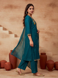 Embroidered V-Neck Kurta & Trousers With Dupatta