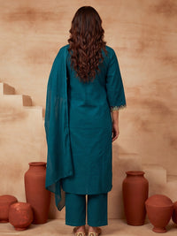 Embroidered V-Neck Kurta & Trousers With Dupatta
