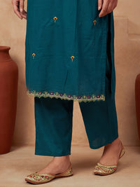 Embroidered V-Neck Kurta & Trousers With Dupatta