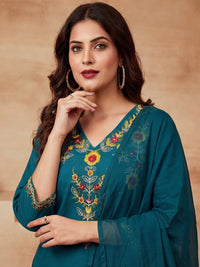 Embroidered V-Neck Kurta & Trousers With Dupatta