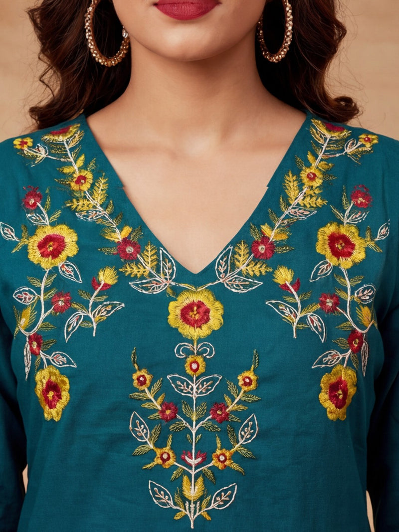 Embroidered V-Neck Kurta & Trousers With Dupatta