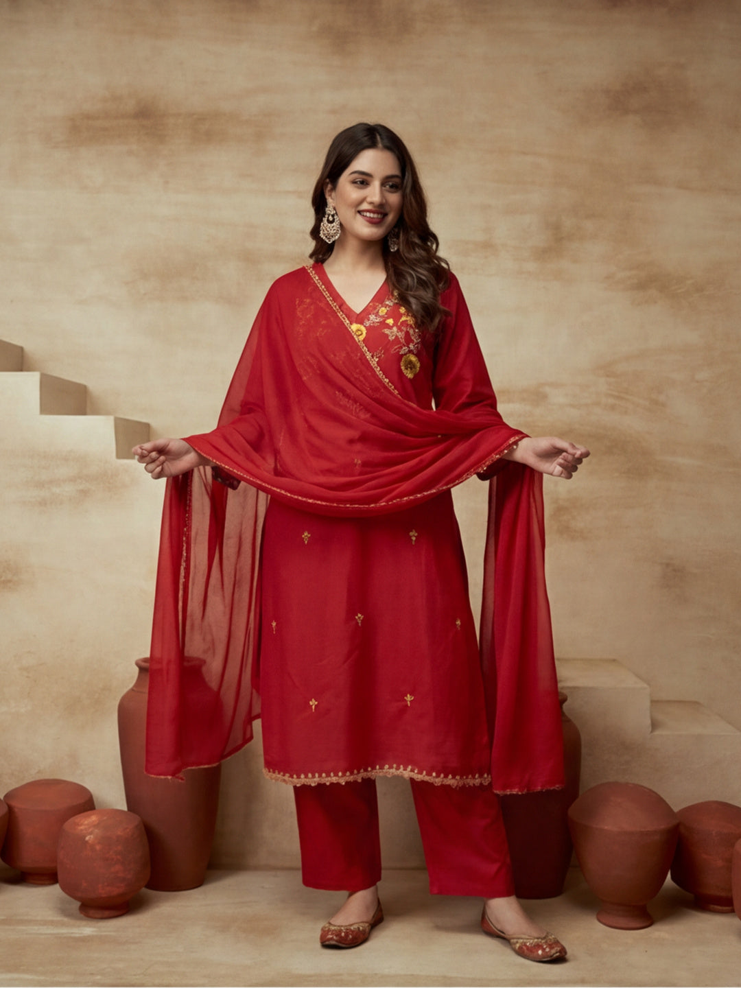 Embroidered V-Neck Kurta & Trousers With Dupatta