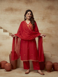 Embroidered V-Neck Kurta & Trousers With Dupatta