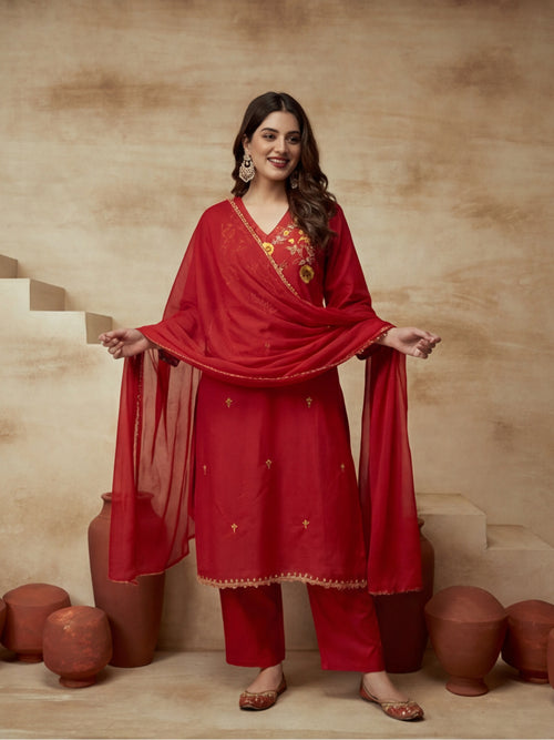Embroidered V-Neck Kurta & Trousers With Dupatta - Kurta Set by Sarha
