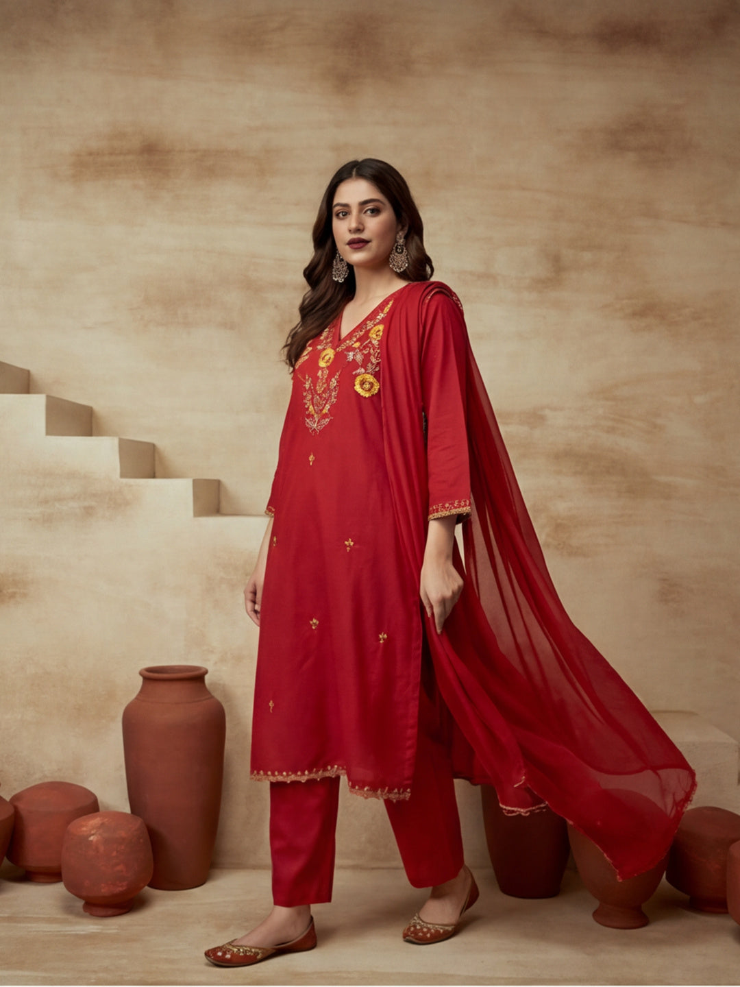 Embroidered V-Neck Kurta & Trousers With Dupatta