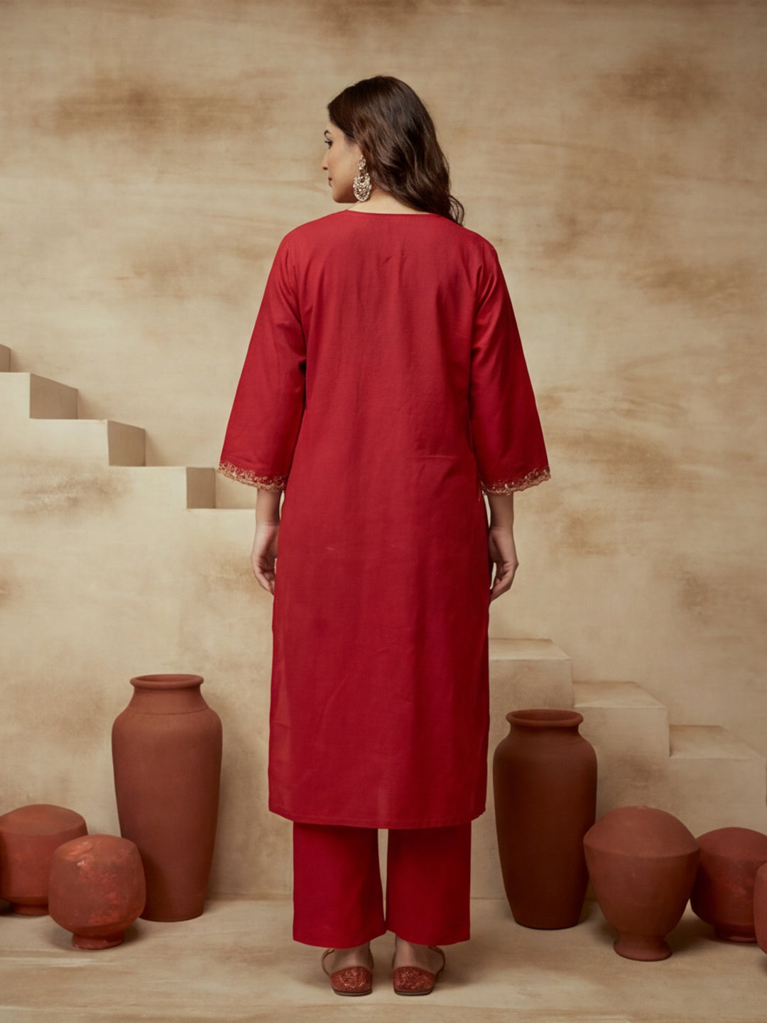Embroidered V-Neck Kurta & Trousers With Dupatta
