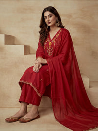 Embroidered V-Neck Kurta & Trousers With Dupatta
