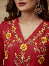 Embroidered V-Neck Kurta & Trousers With Dupatta