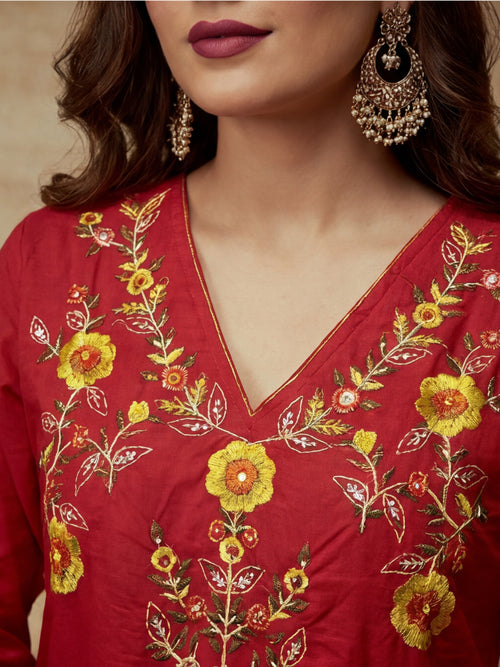 Embroidered V-Neck Kurta & Trousers With Dupatta - Kurta Set by Sarha