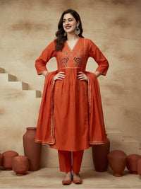 Embroidered Cotton Blend V-Neck Kurta & Trousers With Dupatta