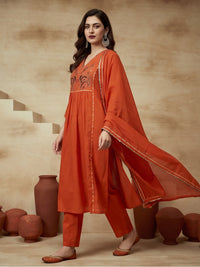Embroidered Cotton Blend V-Neck Kurta & Trousers With Dupatta