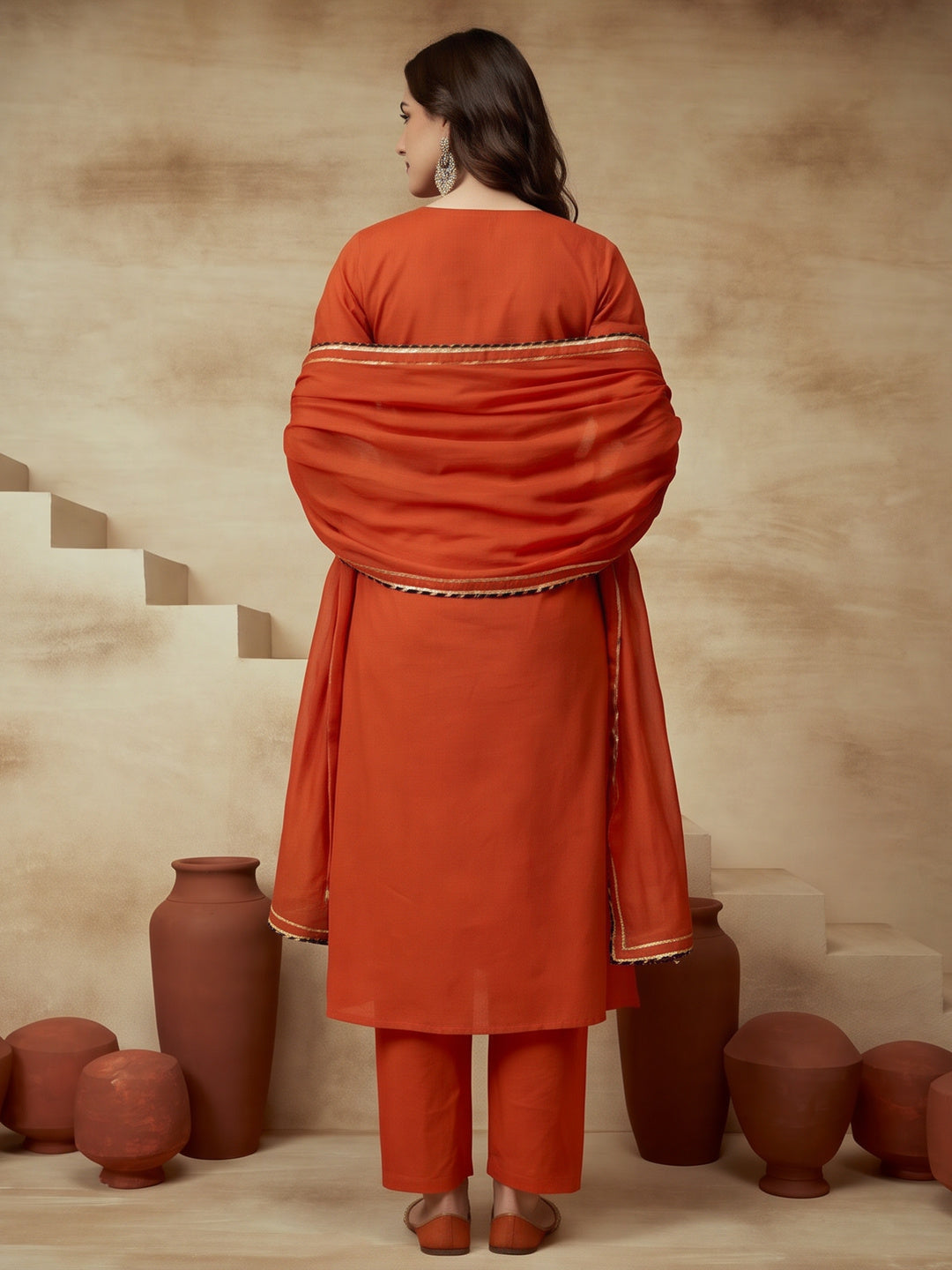 Embroidered Cotton Blend V-Neck Kurta & Trousers With Dupatta