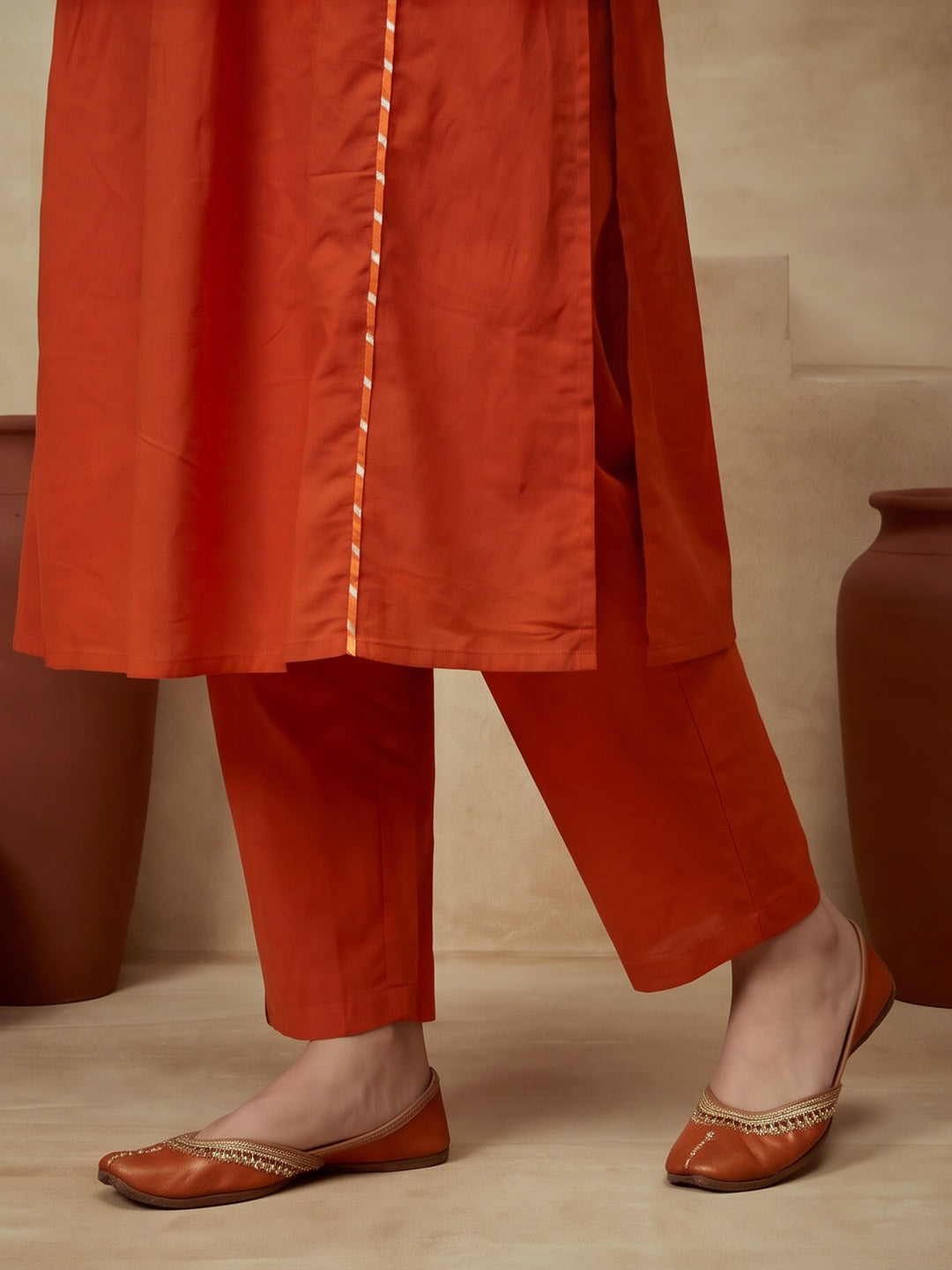 Embroidered Cotton Blend V-Neck Kurta & Trousers With Dupatta