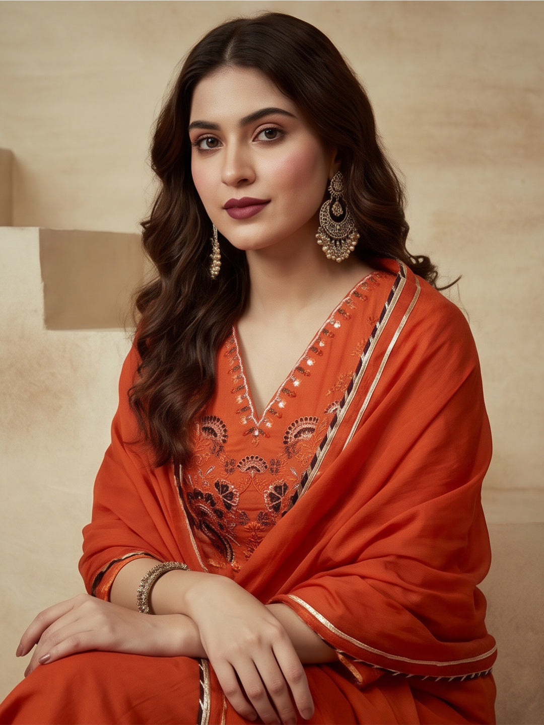 Embroidered Cotton Blend V-Neck Kurta & Trousers With Dupatta