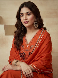 Embroidered Cotton Blend V-Neck Kurta & Trousers With Dupatta