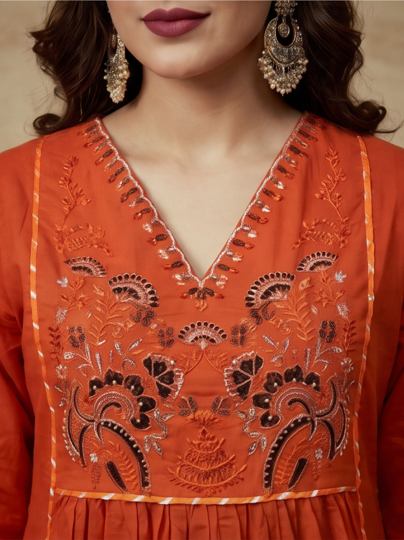 Embroidered Cotton Blend V-Neck Kurta & Trousers With Dupatta