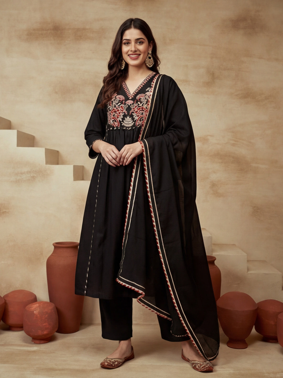 Embroidered Cotton Blend V-Neck Kurta & Trousers With Dupatta