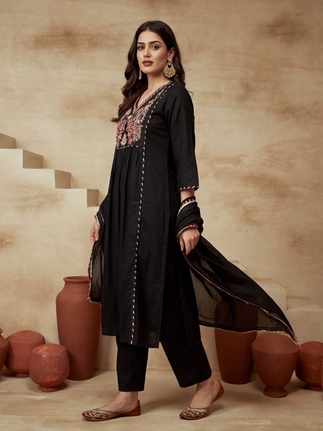 Embroidered Cotton Blend V-Neck Kurta & Trousers With Dupatta