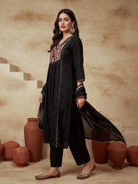 Embroidered Cotton Blend V-Neck Kurta & Trousers With Dupatta