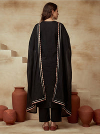 Embroidered Cotton Blend V-Neck Kurta & Trousers With Dupatta