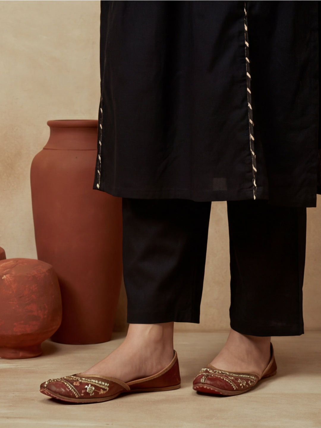 Embroidered Cotton Blend V-Neck Kurta & Trousers With Dupatta
