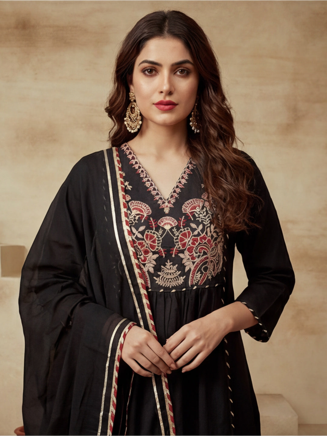 Embroidered Cotton Blend V-Neck Kurta & Trousers With Dupatta