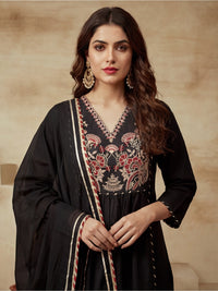 Embroidered Cotton Blend V-Neck Kurta & Trousers With Dupatta