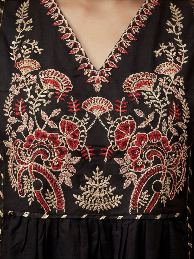 Embroidered Cotton Blend V-Neck Kurta & Trousers With Dupatta