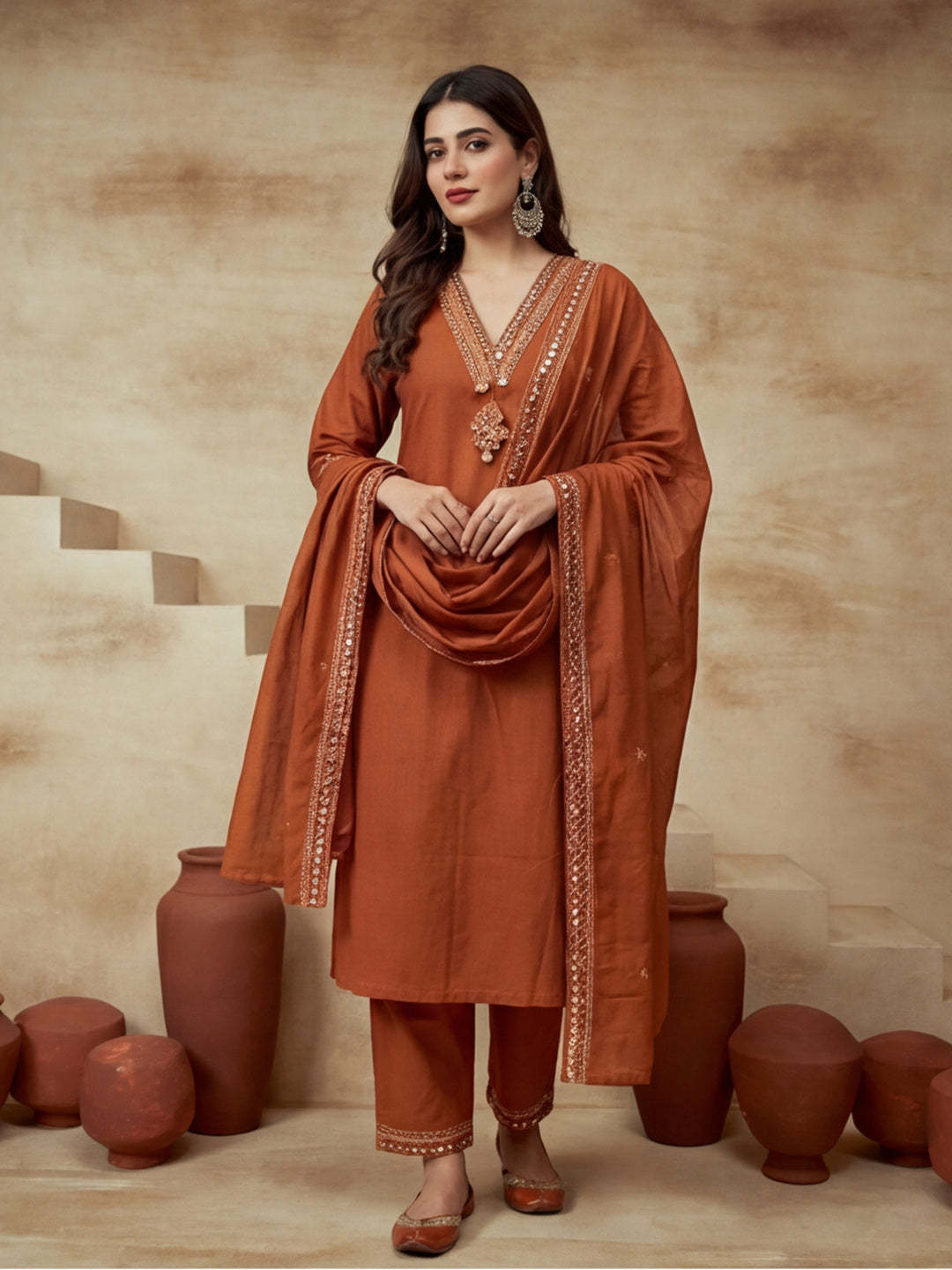 Embroidered Notched Neck Kurta & Trousers With Dupatta