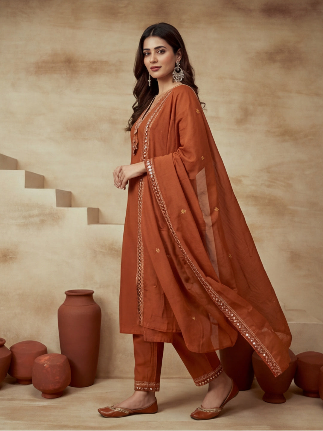 Embroidered Notched Neck Kurta & Trousers With Dupatta