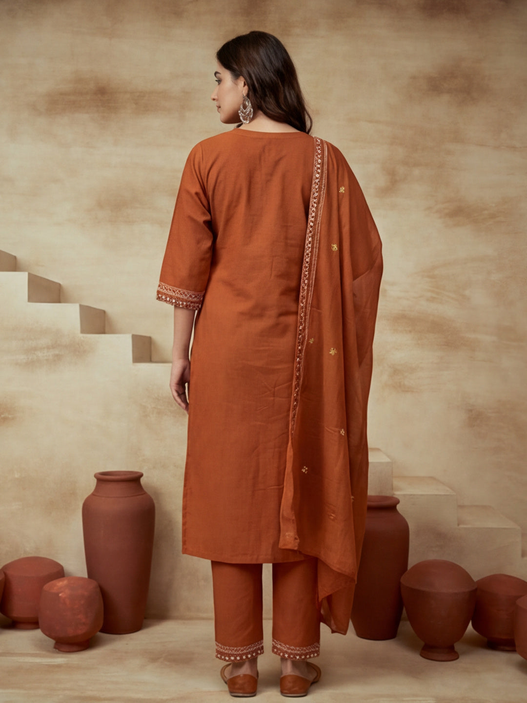 Embroidered Notched Neck Kurta & Trousers With Dupatta