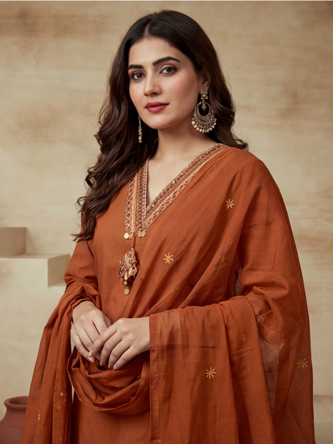 Embroidered Notched Neck Kurta & Trousers With Dupatta