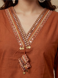 Embroidered Notched Neck Kurta & Trousers With Dupatta