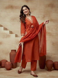 Embroidered Cotton Blend V-Neck Kurta & Trousers With Dupatta