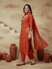 Embroidered Cotton Blend V-Neck Kurta & Trousers With Dupatta