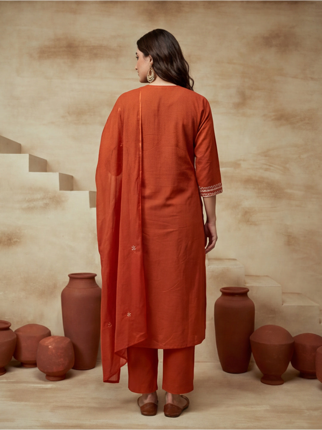Embroidered Cotton Blend V-Neck Kurta & Trousers With Dupatta