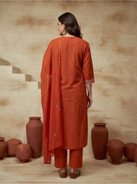 Embroidered Cotton Blend V-Neck Kurta & Trousers With Dupatta