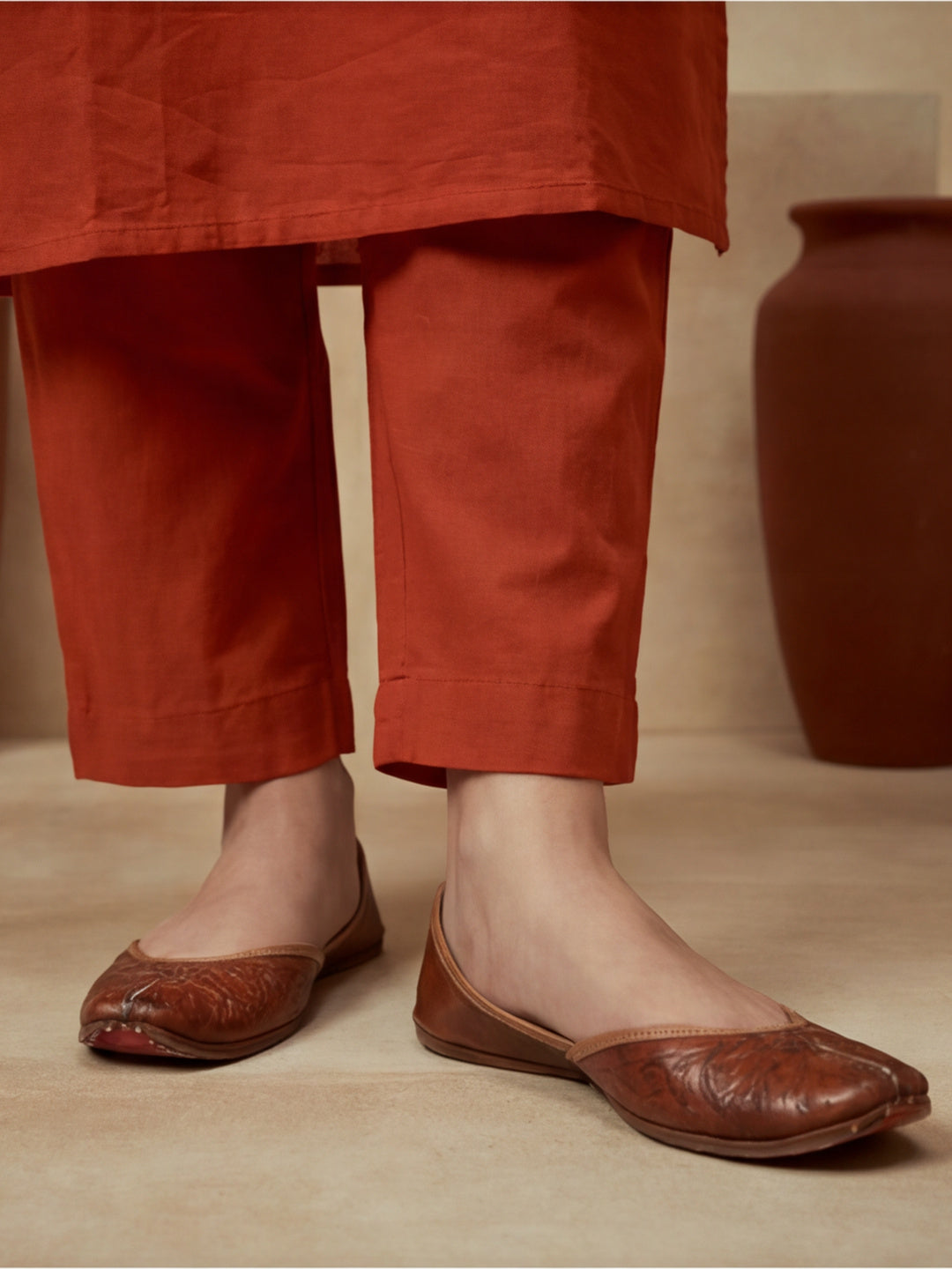 Embroidered Cotton Blend V-Neck Kurta & Trousers With Dupatta