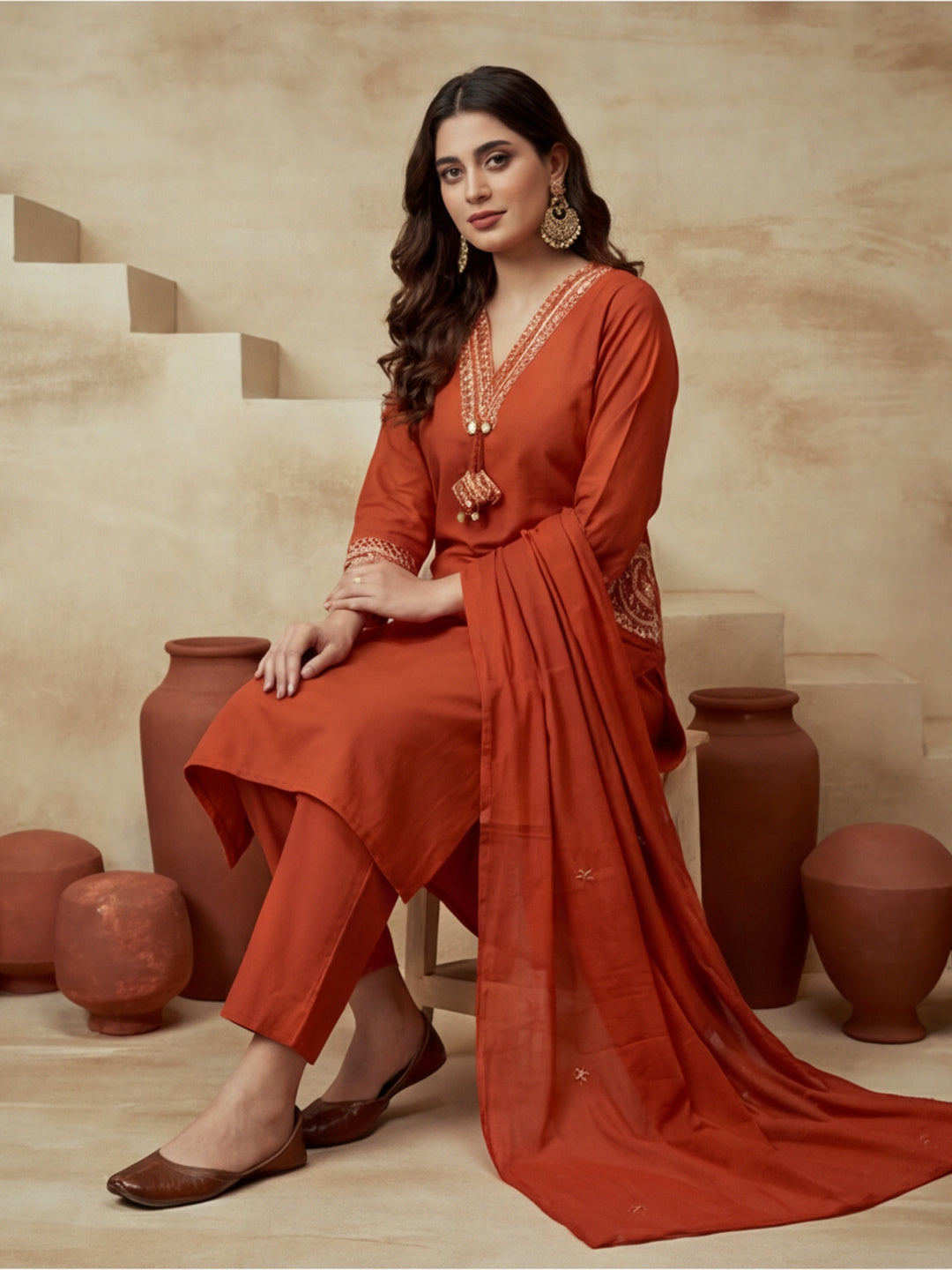 Embroidered Cotton Blend V-Neck Kurta & Trousers With Dupatta