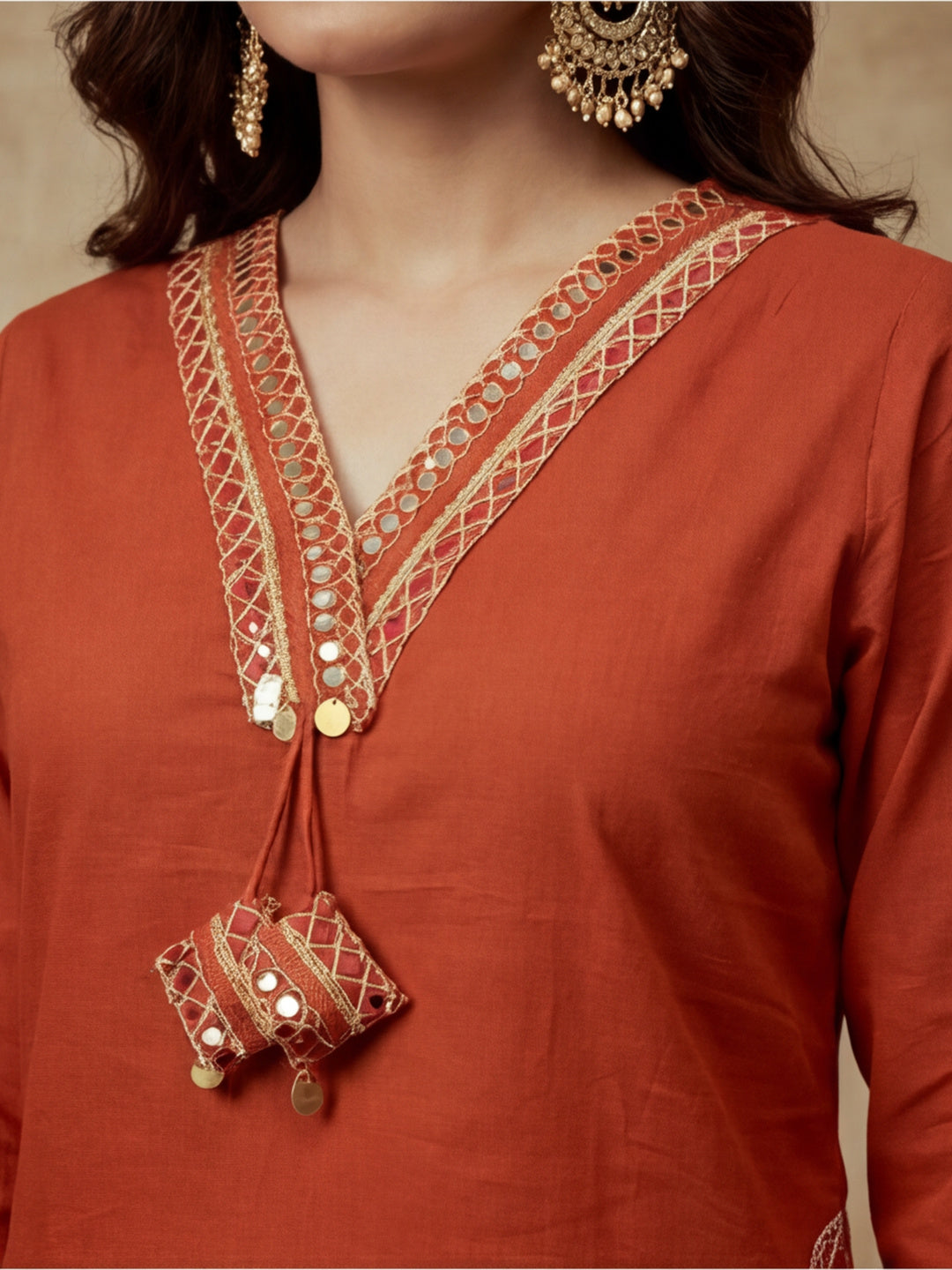 Embroidered Cotton Blend V-Neck Kurta & Trousers With Dupatta