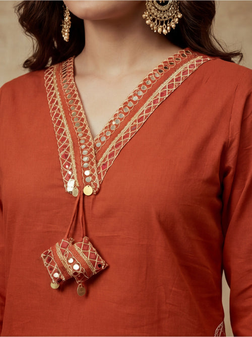 Embroidered Cotton Blend V-Neck Kurta & Trousers With Dupatta