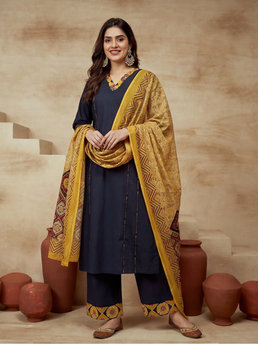 Embroidered Cotton Blend V-Neck Kurta & Trousers With Dupatta