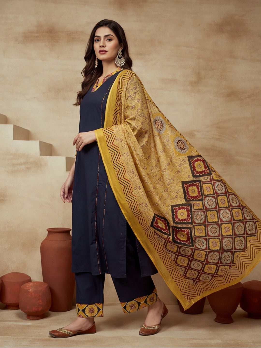 Embroidered Cotton Blend V-Neck Kurta & Trousers With Dupatta