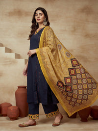 Embroidered Cotton Blend V-Neck Kurta & Trousers With Dupatta